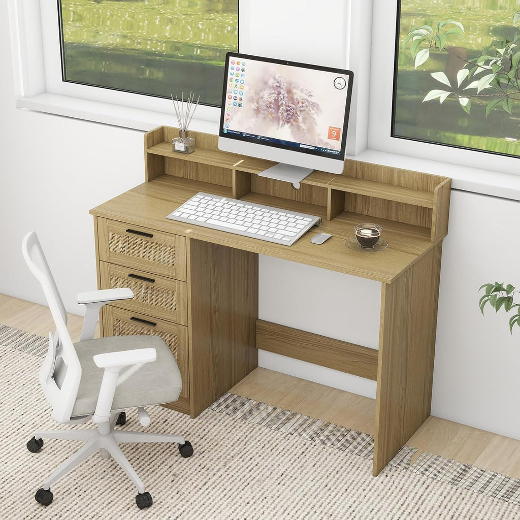 FUNKOCO Computer Desk with Rattan Drawers and Hutch - 47 Inch Home Office Boho Writing Desk with Storage File Drawer & Monitor Stand, Modern Wood Computer Table