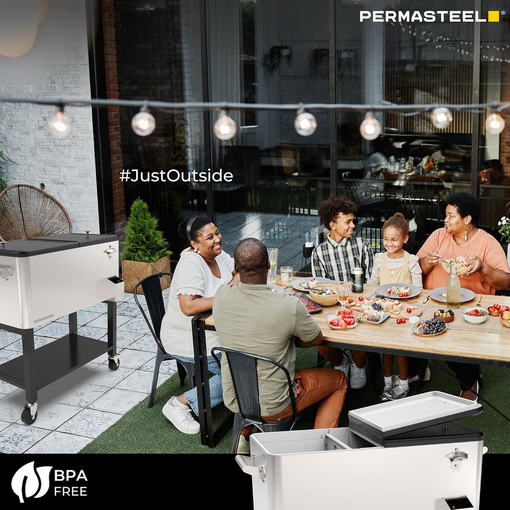 Permasteel Party Cooler with Divider, Removable Basin, Spacious 80-Qt Capacity, Chills 36hrs, Serving Tray, Rolling Ice Chest for Indoor & Outdoor