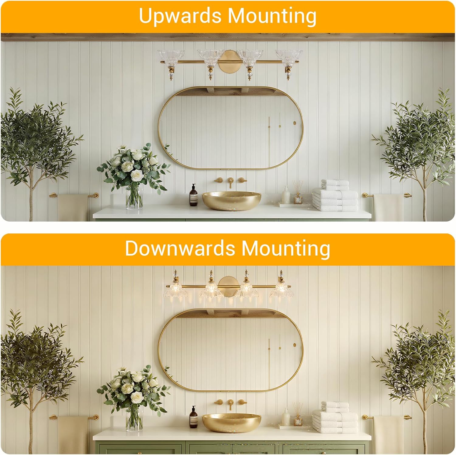 LOUSACE 4-Light Gold Vintage Bathroom Vanity Lights, Antique Brass Bathroom Lighting Fixture Over Mirror with Crystal Glass Shade, Retro Brass Vanity Lighting Fixtures Wall Sconce for Bathroom Bedroom
