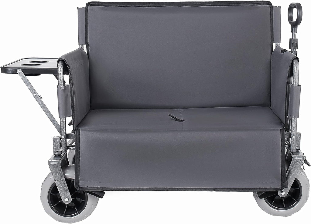 3-in-1 Folding Wagon with Bench Seat – 500lbs Capacity,Reinforced Carbon Steel Frame, 180L Cargo Space– Perfect for Camping, Beach, Outdoor Events & Heavy-Duty Hauling (Gray + Cup Holder)