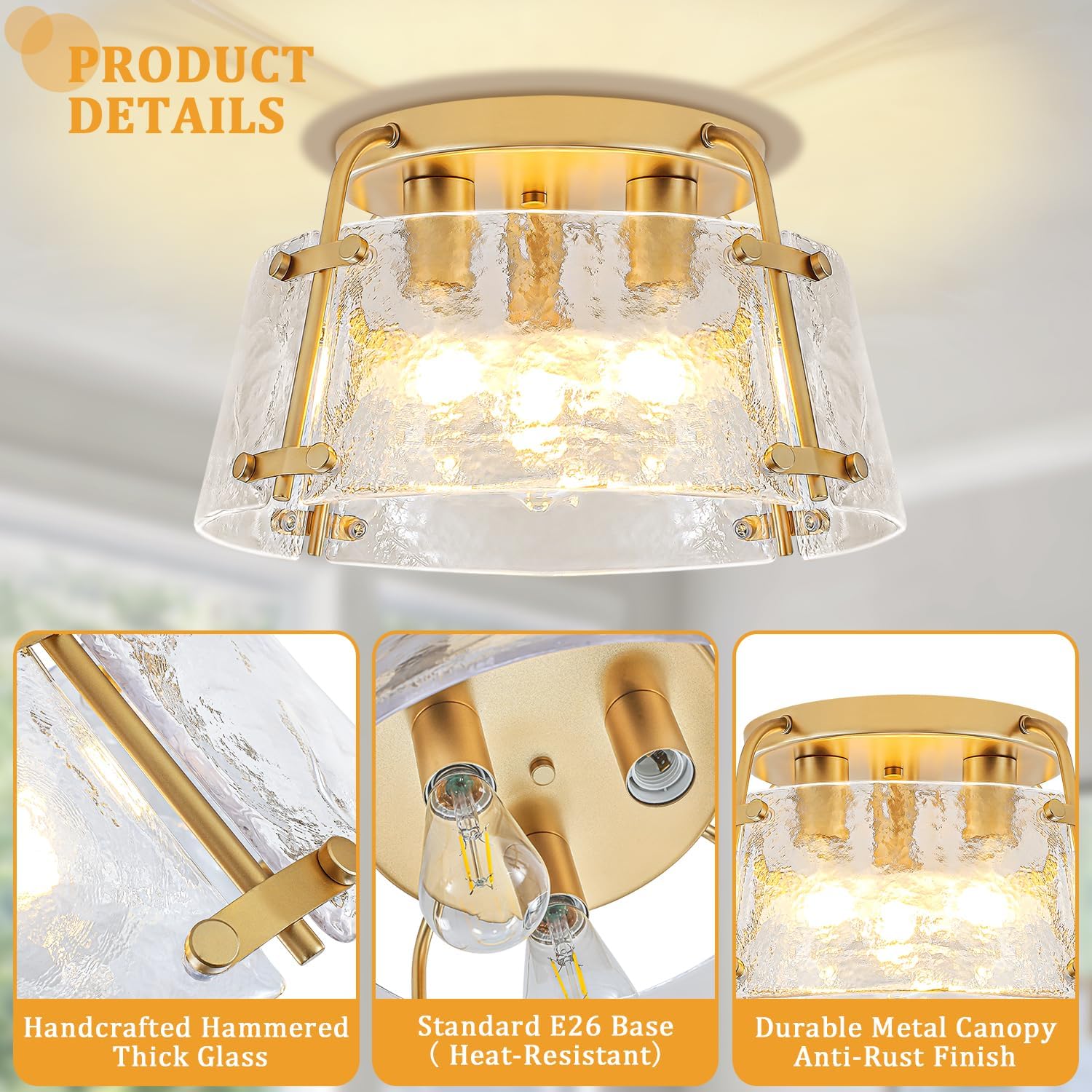 Gold Semi Flush Mount Ceiling Light, Modern Hallway Light Fixtures with Thick Hammered Glass, 3-Light Kitchen Ceiling Lights for Entryway Bedroom Foyer Laundry Bathroom Dining Room