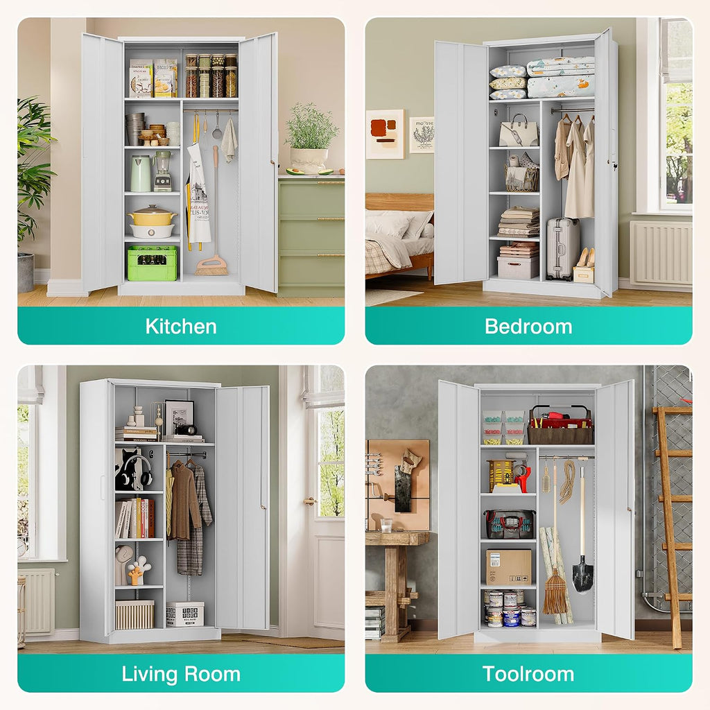 Wide & Deep Metal Storage Cabinet with Hanging Rod,White Broom Closet Storage Cabinet with Lock,72' Tall Wardrobe Cabinets with Doors and Shelves,Locking Steel Tool Cabinets for Home,Office,Garage