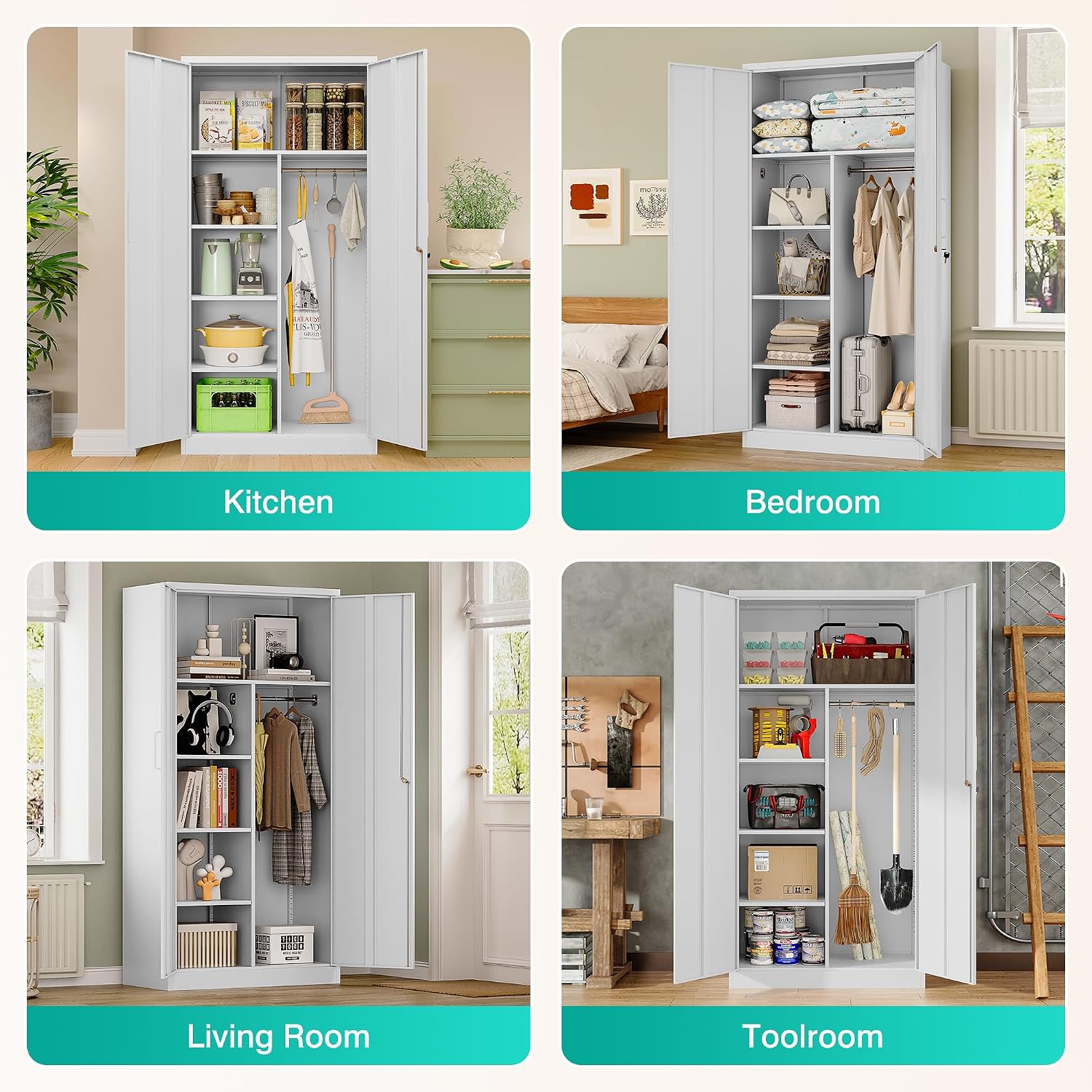 Wide & Deep Metal Storage Cabinet with Hanging Rod,White Broom Closet Storage Cabinet with Lock,72' Tall Wardrobe Cabinets with Doors and Shelves,Locking Steel Tool Cabinets for Home,Office,Garage