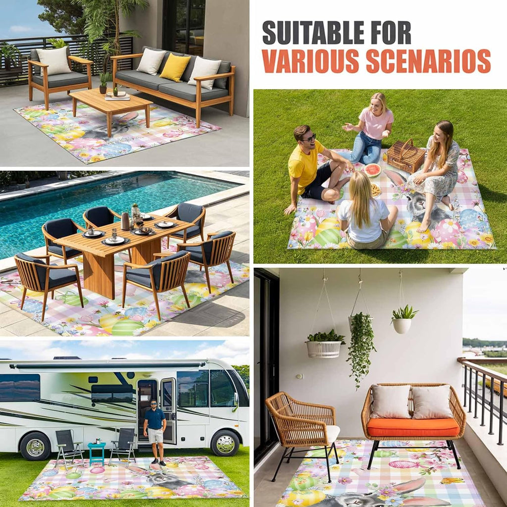 Easter Bunny Outdoor Rug for Patio/Deck/Porch, Non-Slip Large Area Rug 6 x 9 Ft, Spring Colorful Eggs Flower Branch Plaid Indoor Outdoor Rugs Washable Area Rugs, Reversible Camping Rug Carpet Runner