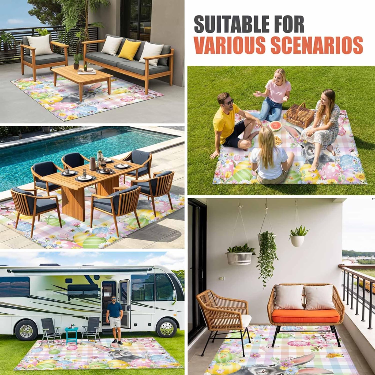 Easter Bunny Outdoor Rug for Patio/Deck/Porch, Non-Slip Large Area Rug 6 x 9 Ft, Spring Colorful Eggs Flower Branch Plaid Indoor Outdoor Rugs Washable Area Rugs, Reversible Camping Rug Carpet Runner