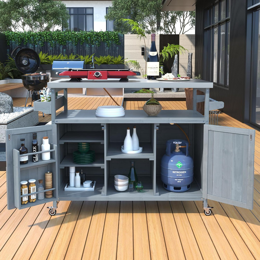 50.25'' Outdoor Kitchen Island, Rolling Bar Cart & Storage Cabinet, Farmhouse Solid Wood Outdoor Grill Table with Stainless Steel Top, Spice Rack, Towel Rack for Kitchen & BBQ, Grey Blue