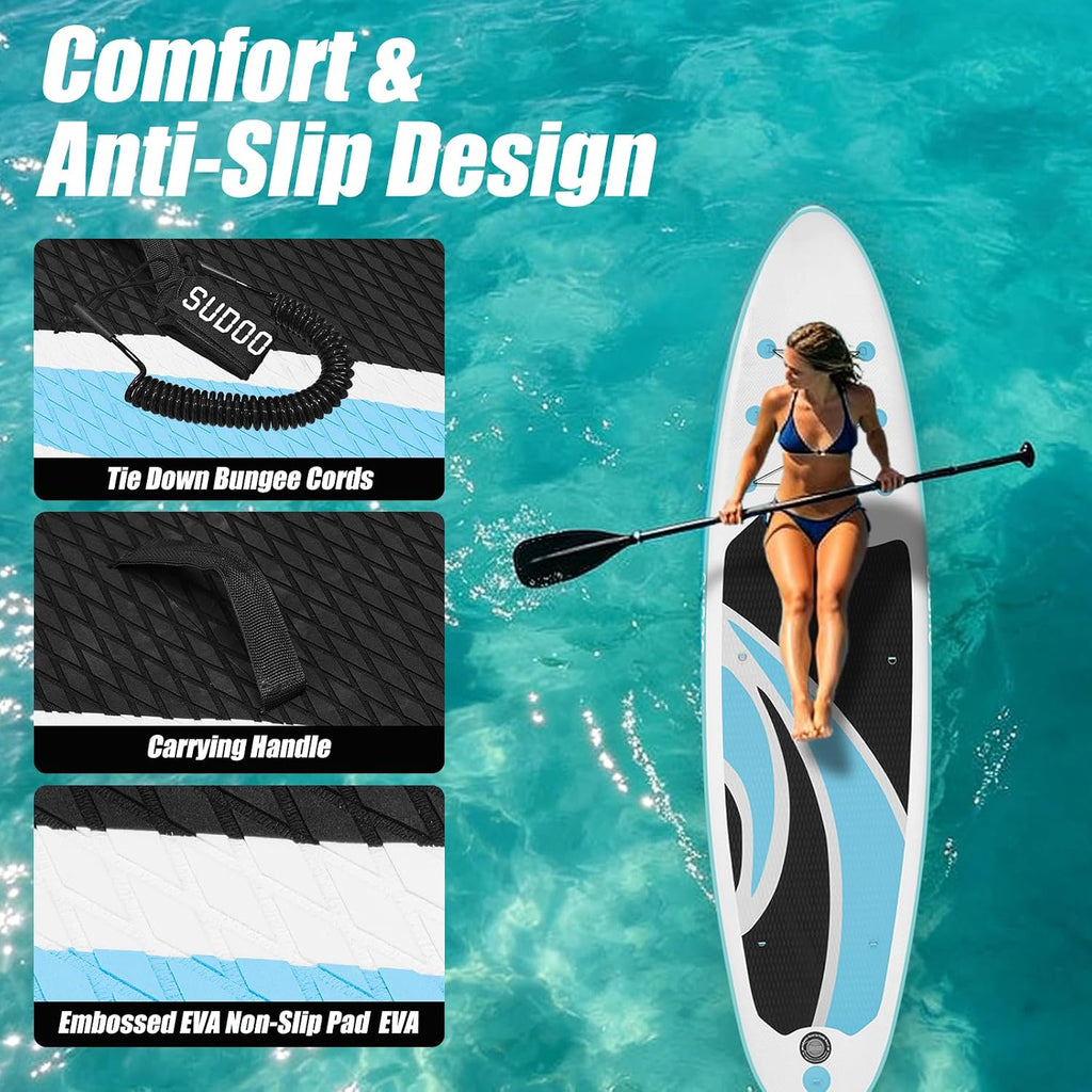 SUDOO Inflatable Stand Up Paddle Board 10'/ 10'6' SUP with 450LB Weight Capacity Adjustable Paddle Wide Stable Non Slip EVA Deck Complete Accessories for Adults Beginners Youth Outdoor Water Sports