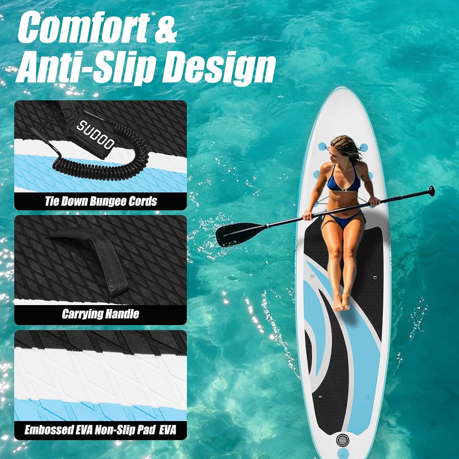 SUDOO Inflatable Stand Up Paddle Board 10'/ 10'6' SUP with 450LB Weight Capacity Adjustable Paddle Wide Stable Non Slip EVA Deck Complete Accessories for Adults Beginners Youth Outdoor Water Sports
