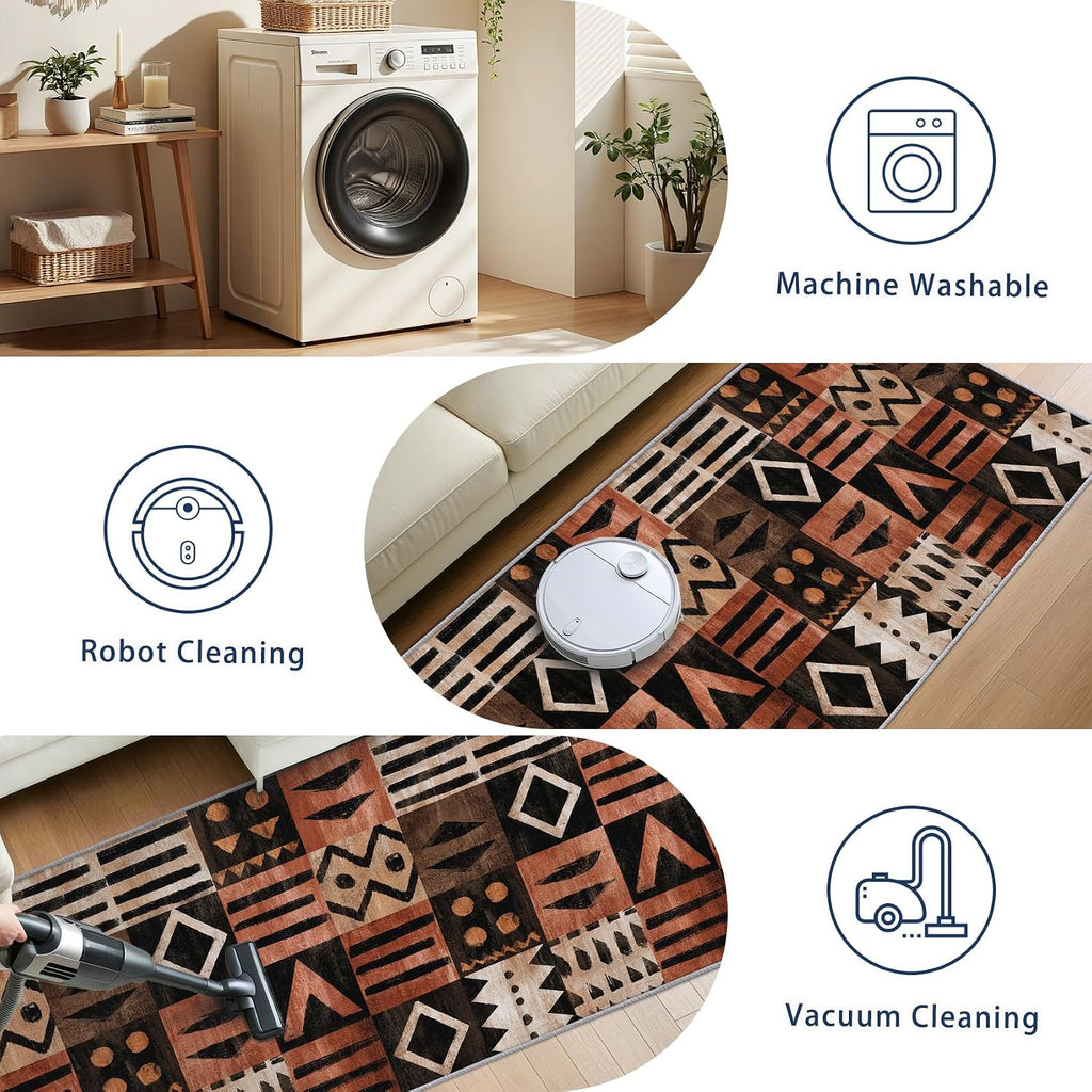 Tribal Runner Rug for Hallway - 4x12 Washable Rug Runner Non Slip - African Boho Kitchen Rugs - Afro Ethnic Geometric Carpet Runners for Hallway, Laundry Room, Bedroom, Bathroom
