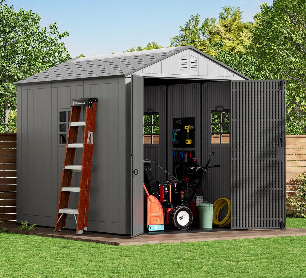 ZZM Outdoor Storage Shed 6x9 Ft, All-Weather Resistant Resin Garden Sheds & Outdoor Storage Clearance with Floor and Windows, Double-Layer Plastic Tool Shed for Backyard, Patio & Lawn (Gray)