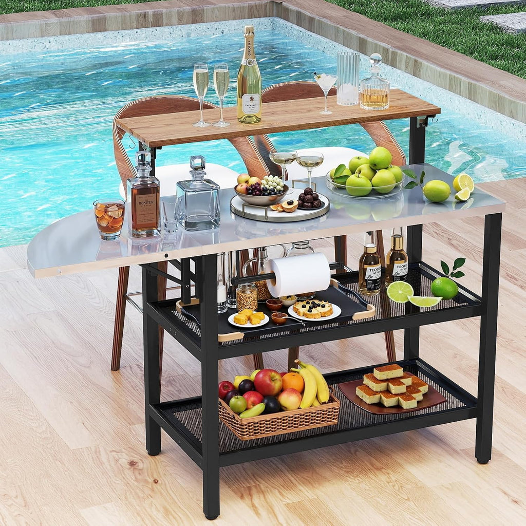 Giantex Outdoor Bar Table with Flip-Up Top & Foldable Side Table, 4-Tier Grill Stand with Storage Shelves, Hooks, Paper Towel Holder, Patio Kitchen Island Food Prep Cooking Station