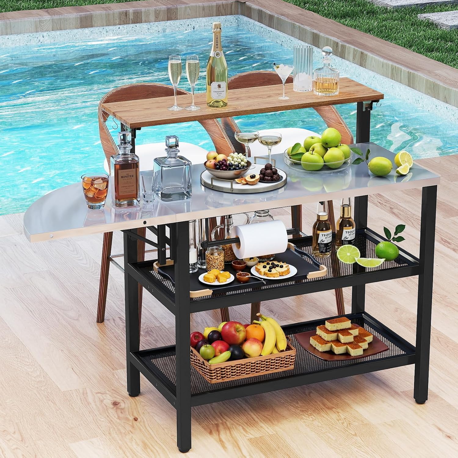 Giantex 2-Piece Outdoor Kitchen Grill Cart Set, Stationary Prep Table & Mobile Grill Cart with Wheels, Connectable L-Shaped Configuration, Flip-Up Bar Top, Foldable Side Table, BBQ Cooking Station