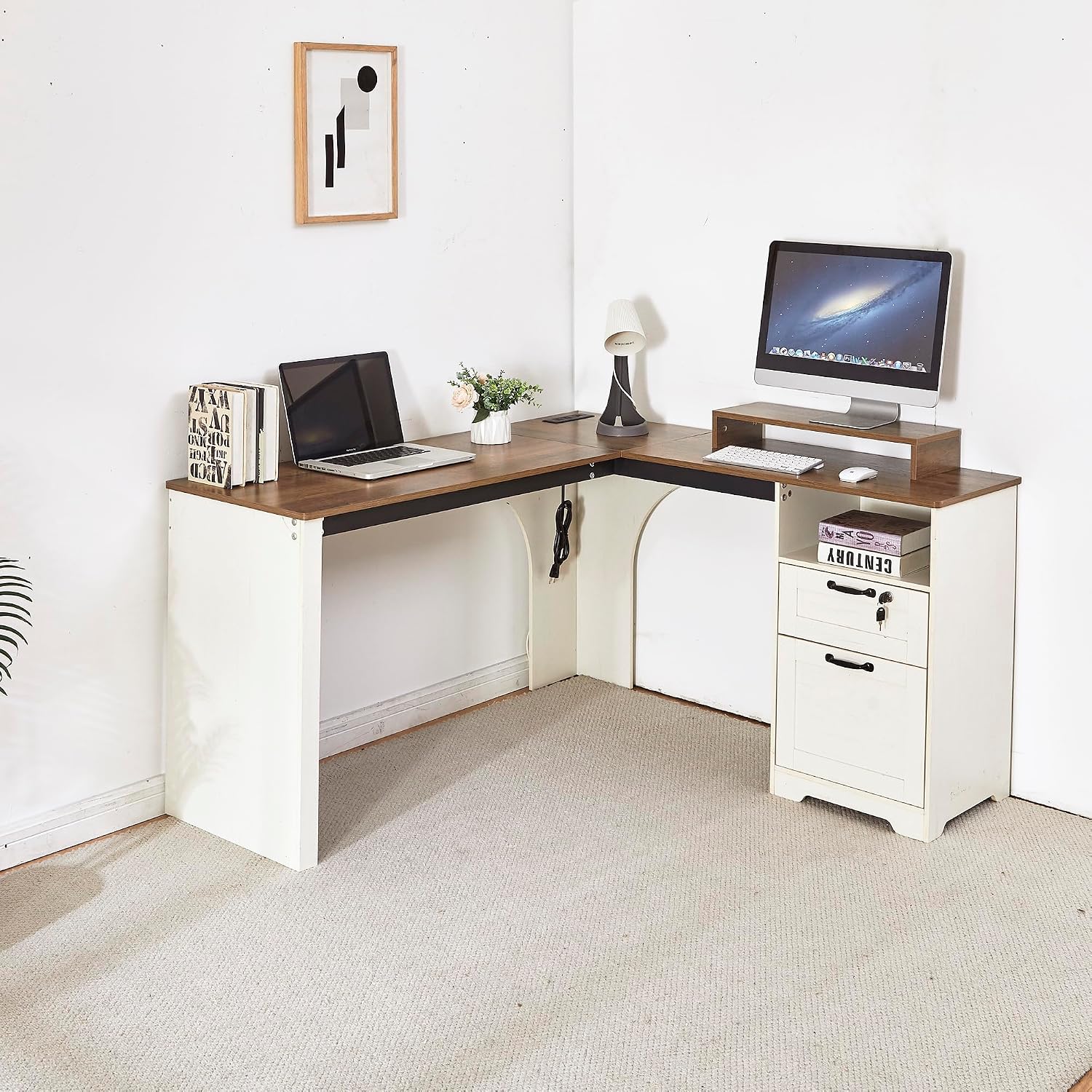 55' Farmhouse L-Shaped Desk with Lift Top,Movable Monitor Stand,L Shaped Standing Office Desk with Lockable Drawer & Adjustable File Drawer,Lift Top Computer Desk with Power Outlets