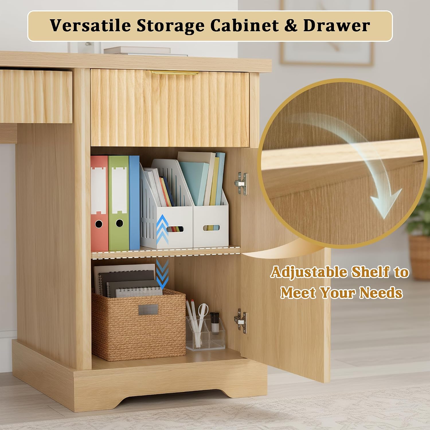 RiteSune 55' Office Desk with USB Charging, Fluted Computer Desk with Pegboard, Convertible Keyboard Tray & Adjustable Storage Cabinet, Modern Home Office Desk