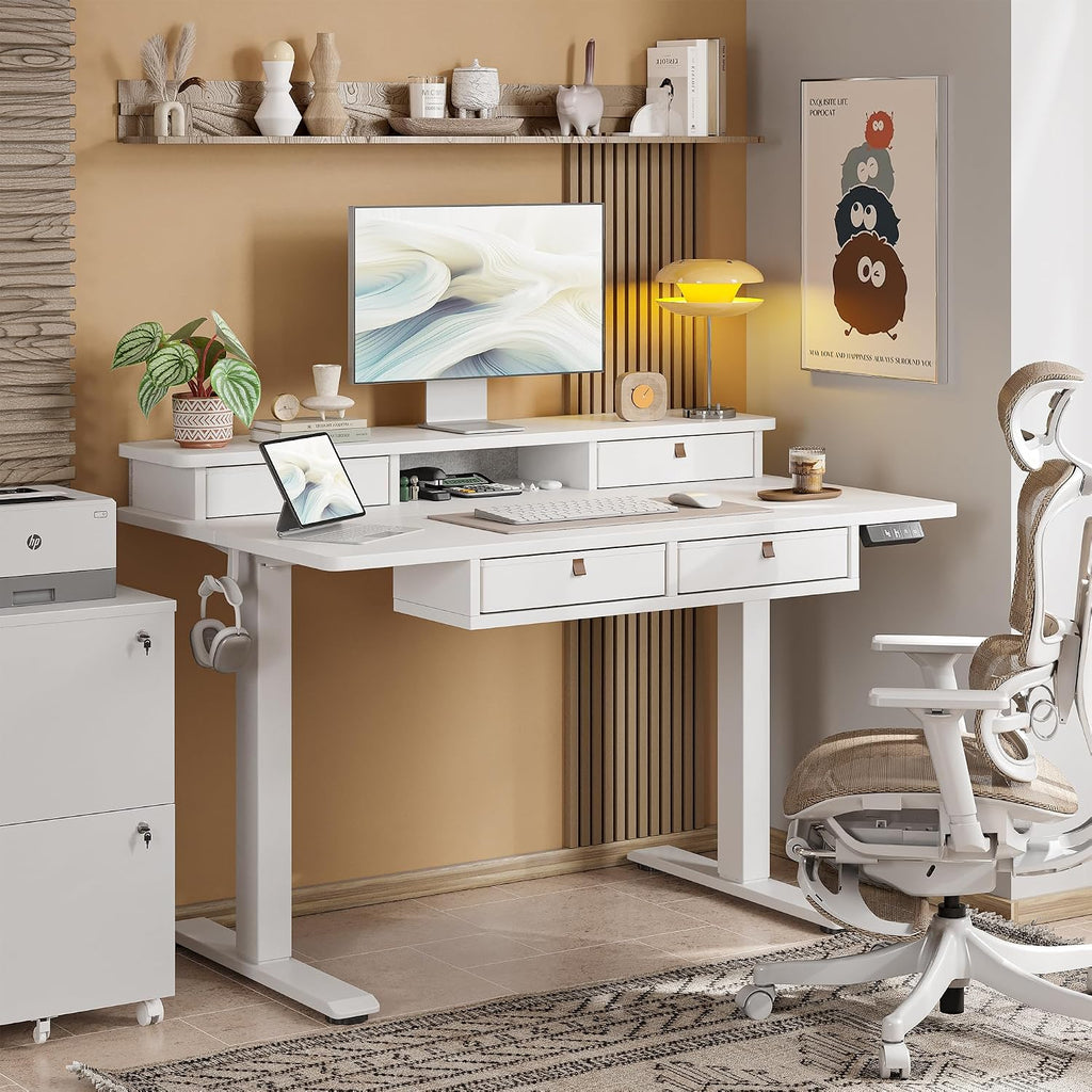 TIQLAB 48 * 28 Inch Standing Desk with Four Drawers, Electric Sit Stand Table, Stand Up Desk Adjustable Height with Storage Shelf, Splice Board, White