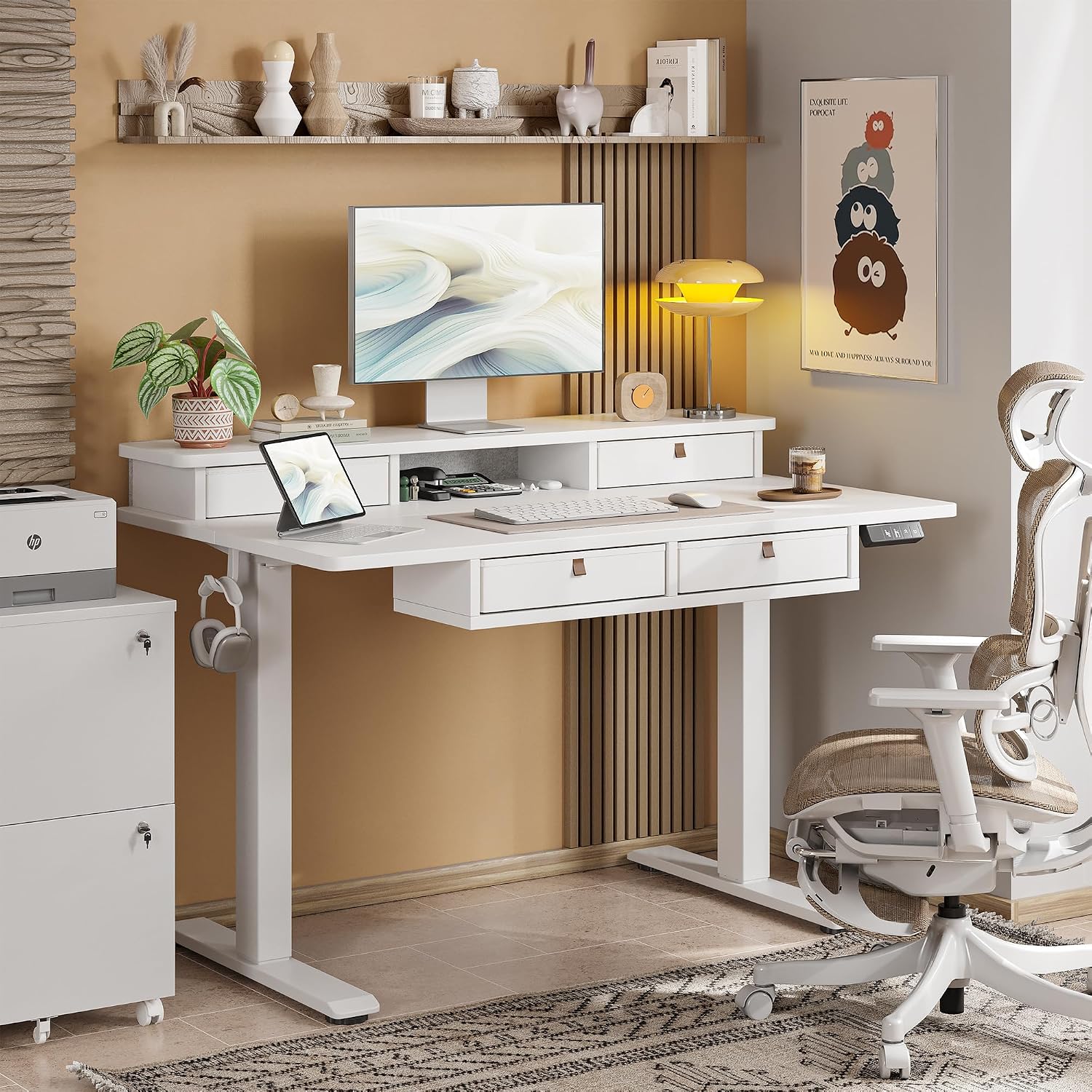 TIQLAB 55 * 28 Inch Standing Desk with Four Drawers, Electric Sit Stand Table, Stand Up Desk Adjustable Height with Storage Shelf, Splice Board, White