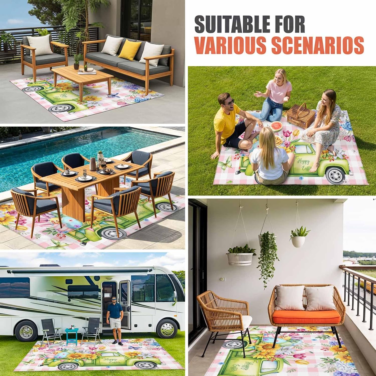 Spring Easter Outdoor Rug for Patio/Deck/Porch, Non-Slip Large Area Rug 5 x 8 Ft, Colorful Eggs Floral Truck Butterflies Pink Plaid Indoor Outdoor Rugs Washable Area Rugs, Camping Rug Carpet Runner