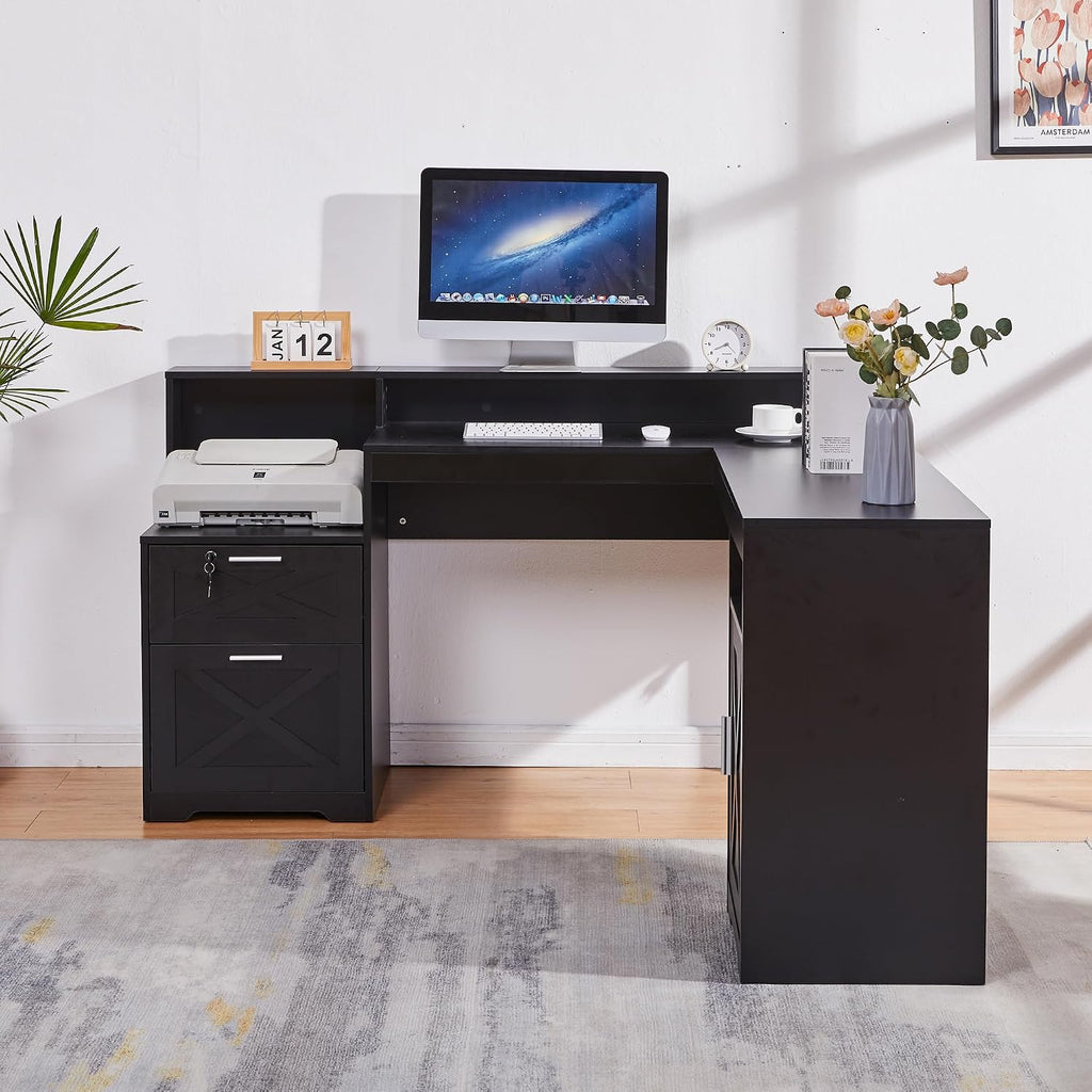 60' L Shaped Executive Desk with Printer Space,Corner Computer Desk with Power Outlets,Lockable Drawers & Adjustable File Cabnet,L Shaped Office Desk with Monitor Stand (Black)
