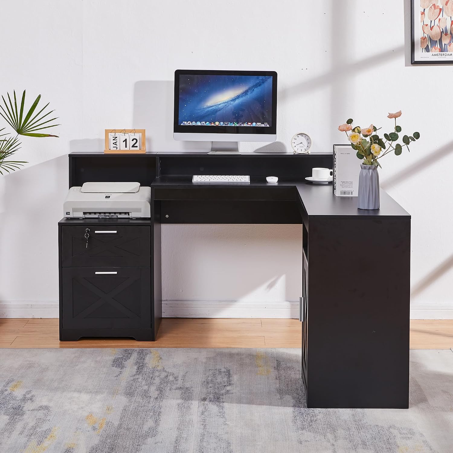 60' L Shaped Executive Desk with Printer Space,Corner Computer Desk with Power Outlets,Lockable Drawers & Adjustable File Cabnet,L Shaped Office Desk with Monitor Stand (Black)