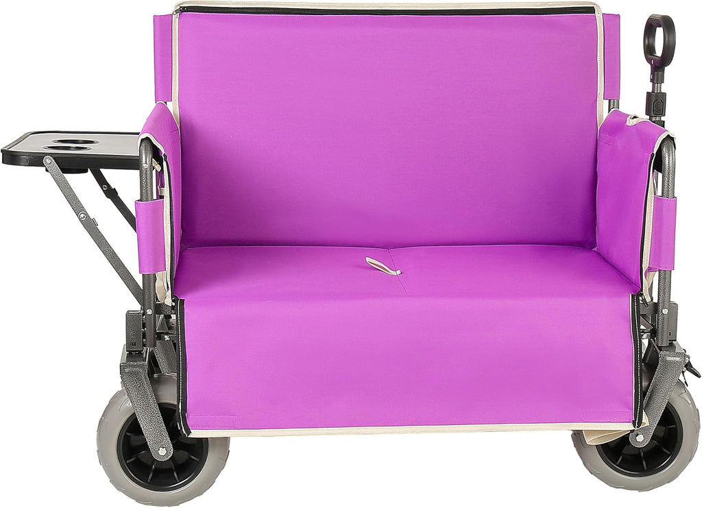 3-in-1 Folding Wagon with Bench Seat – 500lbs Capacity,Reinforced Carbon Steel Frame, 180L Cargo Space– Perfect for Camping, Beach, Outdoor Events & Heavy-Duty Hauling (12 Purple + Cup Holder)