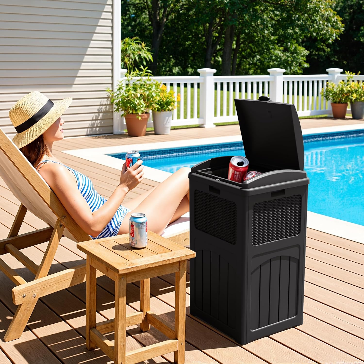 Greesum 33 Gallon Outdoor Trash Can with Lid, Waterproof Resin Garbage Bin for Hideaway, Deck, Patio, 4 Pack, Black