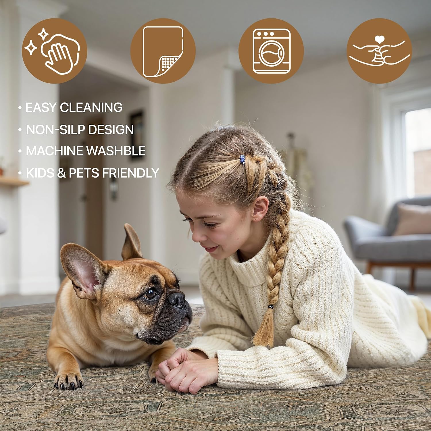Bavni Washable Rug 10x14 Area Rug for Living Room Bedroom Dining, Washable Vintage Print Carpet, Ultra-Thin Chenille Low Pile Lightweight Rug with Non Slip Backing, Warm Taupe