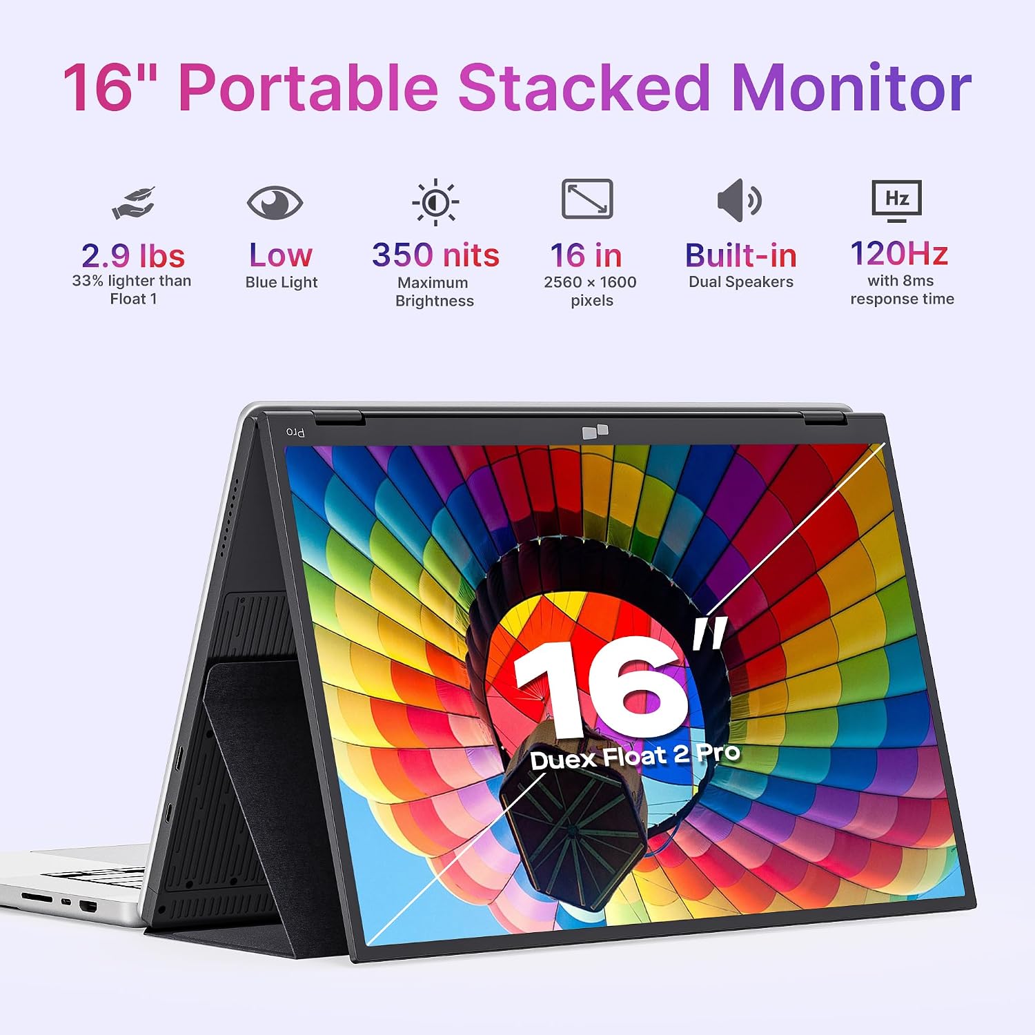 Mobile Pixels Duex Float 2 Pro 16' 2.5K Portable Monitor for Laptop, Built-in Kickstand & Speakers Ultra-Thin Laptop Screen Extender | USB-C & HDMI | Plug & Play for Windows, MacOS, Switch, Android