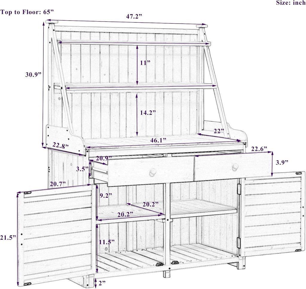 JIVOIT Modern 65inch Garden Potting Bench Table, Fir Wood Workstation with Three-Tier Storage Shelf, Two Drawer and Cabinet, Large Gardening Workstation for Outdoor Space (Brown * Fir Wood)
