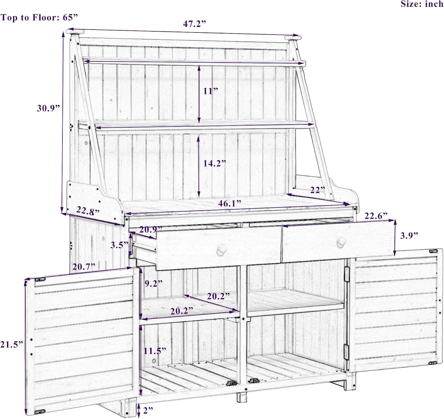JIVOIT Modern 65inch Garden Potting Bench Table, Fir Wood Workstation with Three-Tier Storage Shelf, Two Drawer and Cabinet, Large Gardening Workstation for Outdoor Space (Brown * Fir Wood)
