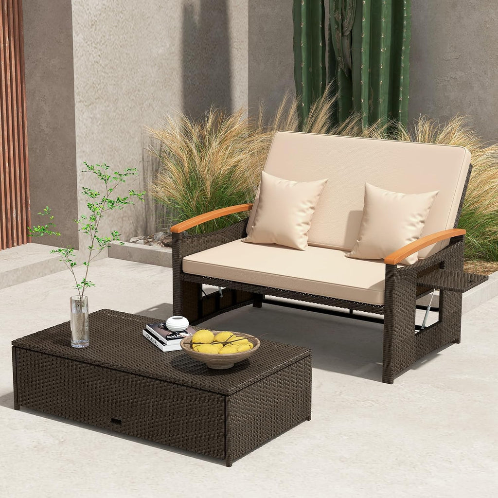 Tangkula Patio Rattan Daybed with 4-Level Adjustable Backrest, Outdoor Wicker Loveseat with Acacia Wood Armrest, Storage Ottoman & Folding Tray, Double Sunbed Lounger for Balcony, Backyard & Poolside