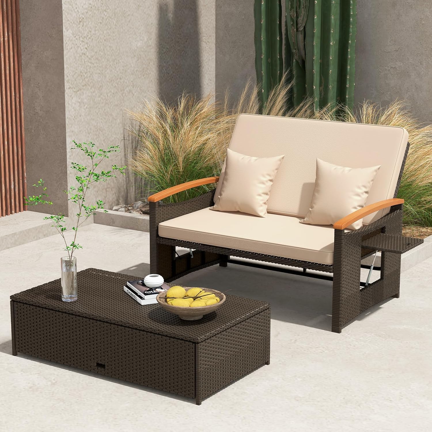 Tangkula Patio Rattan Daybed with 4-Level Adjustable Backrest, Outdoor Wicker Loveseat with Acacia Wood Armrest, Storage Ottoman & Folding Tray, Double Sunbed Lounger for Balcony, Backyard & Poolside