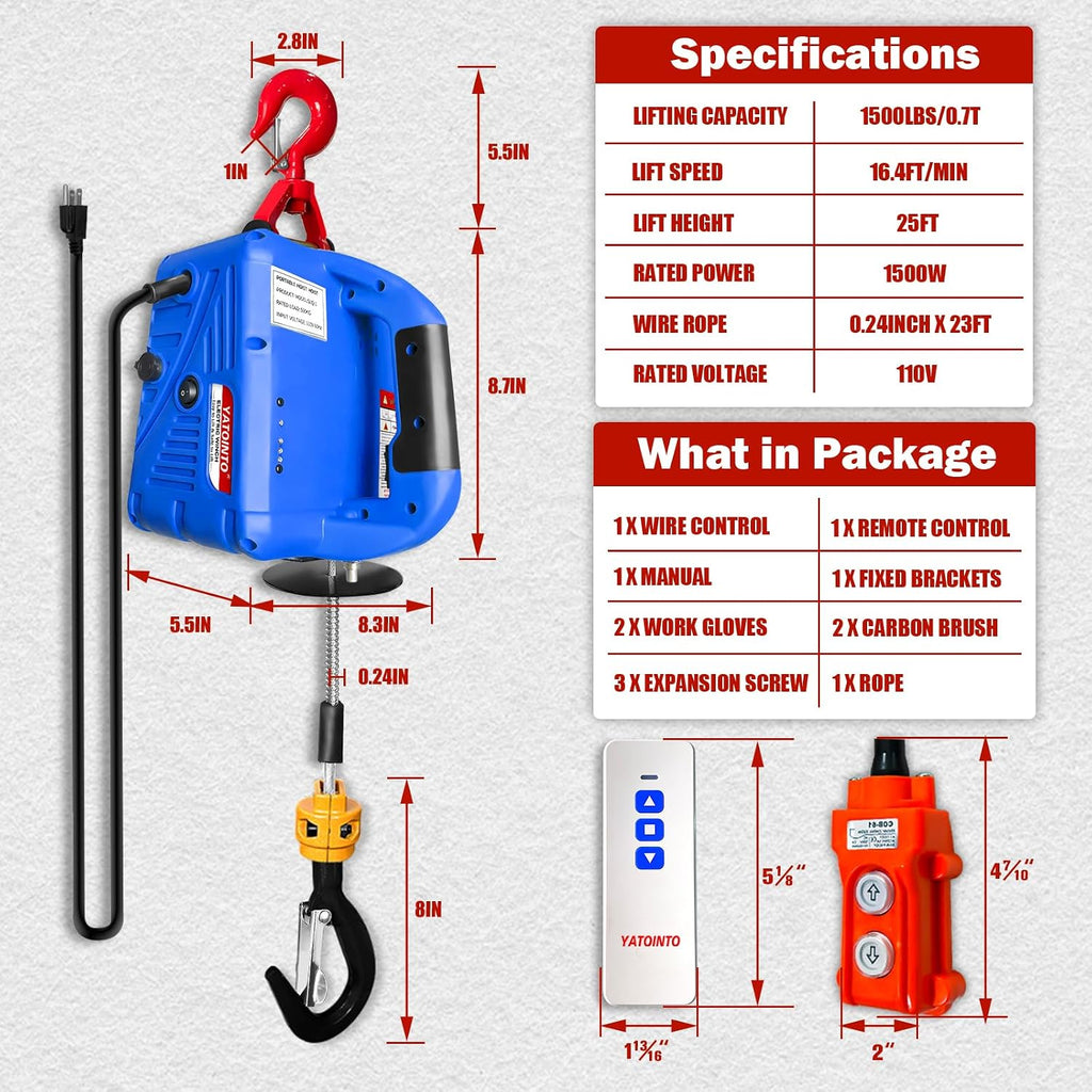 3 in 1 Electric Hoist Winch,1500 Lbs Portable Electric Power Winch,Electric Hoist 110 Volt,Wired and Wireless Remote Control,25ft Lifting Height for Garage,Factories,Warehouses