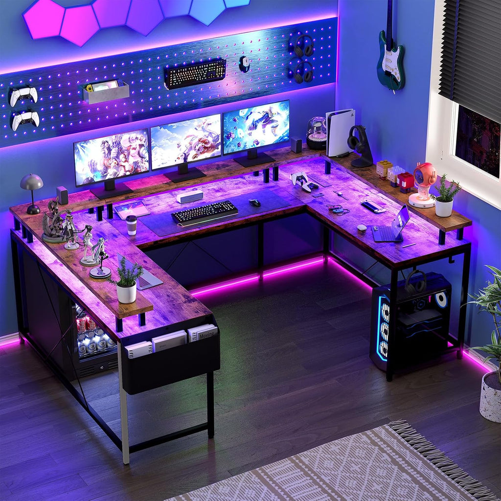 79 Inch u Shaped Desk with Power Outlets, LED Strip & Monitor Stand, Large Corner Computer Desk with Monitor Stand & with Storage Shelves for Home Office