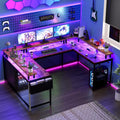 79 Inch u Shaped Desk with Power Outlets, LED Strip & Monitor Stand, Large Corner Computer Desk with Monitor Stand & with Storage Shelves for Home Office