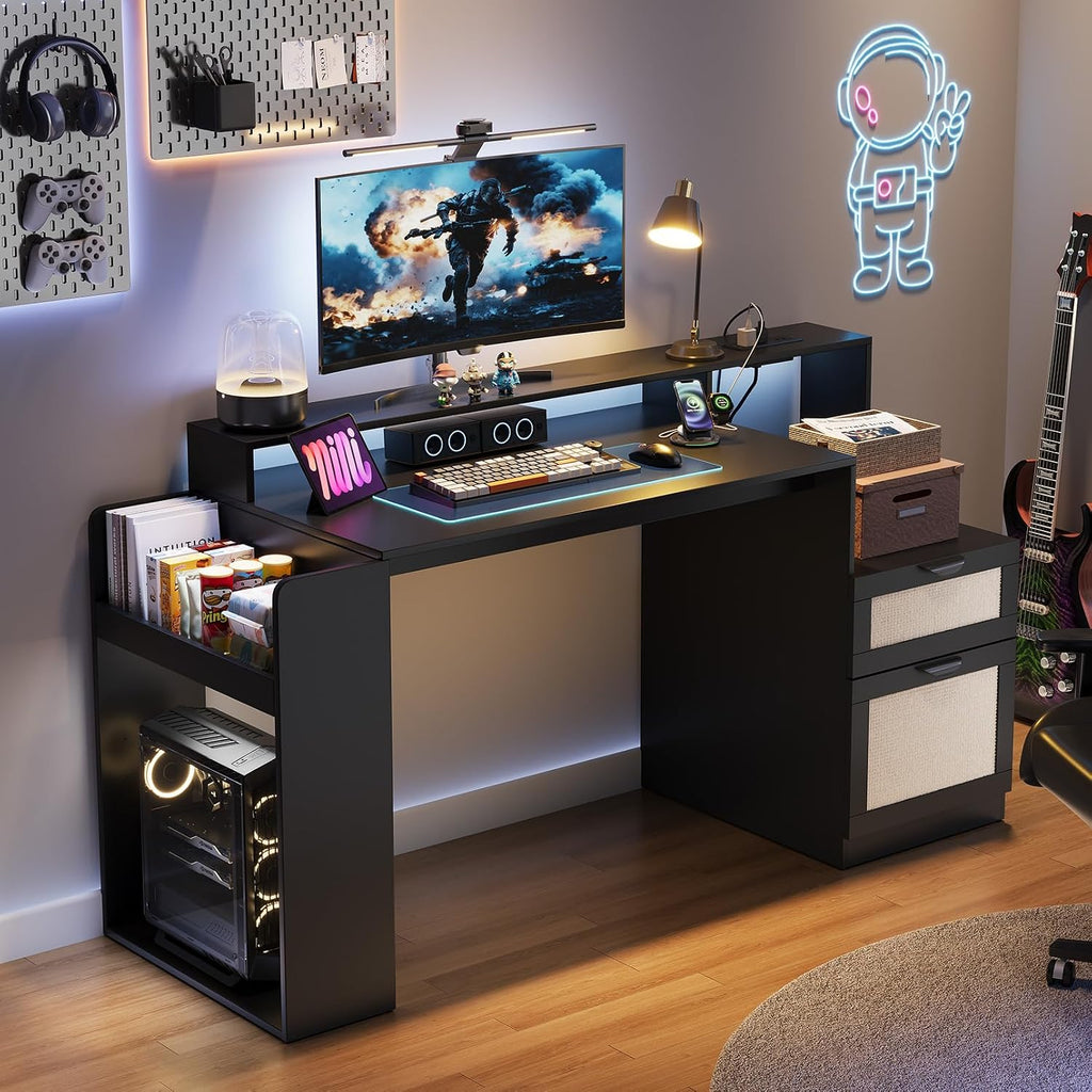 Farmhouse Computer Desk with Drawers and Power Outlets, 60' Home Office Desk with Adjustable File Drawer, Cat Scratching Pad, Printer Stand, Shelves & Monitor Riser, Black
