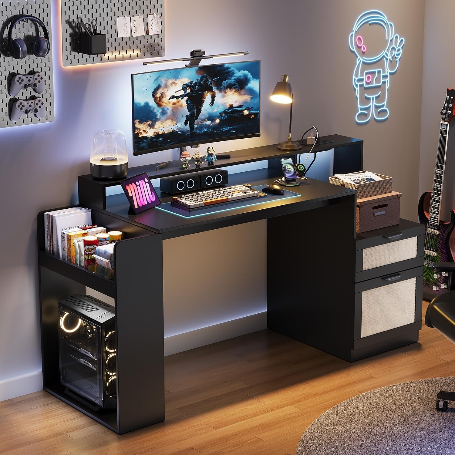 Farmhouse Computer Desk with Drawers and Power Outlets, 60' Home Office Desk with Adjustable File Drawer, Cat Scratching Pad, Printer Stand, Shelves & Monitor Riser, Black