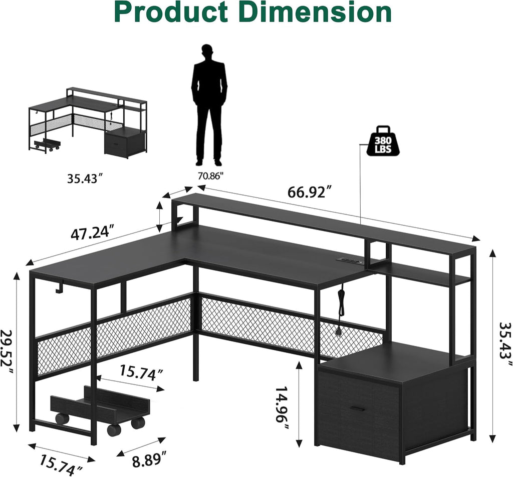 L Shaped Desk with Drawers, 66' Home Office Desk with Power Outlet and Led Strip, Reversible Computer Desk with Storage Shelves & Monitor Stand, Large Corner Desk Gaming Desk, Black