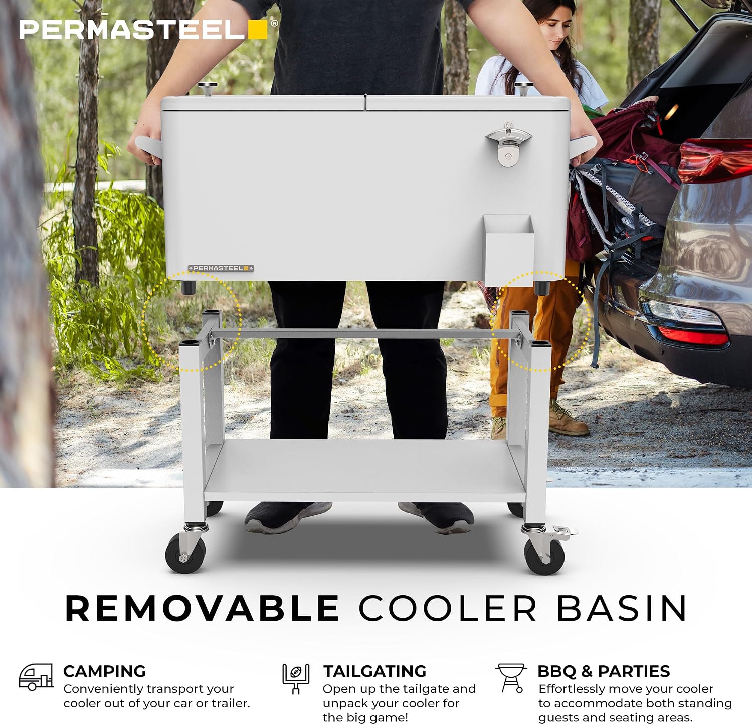 Permasteel Party Cooler with Divider, Removable Basin, Spacious 80-Qt Capacity, Chills 36hrs, Serving Tray, Rolling Ice Chest for Indoor & Outdoor