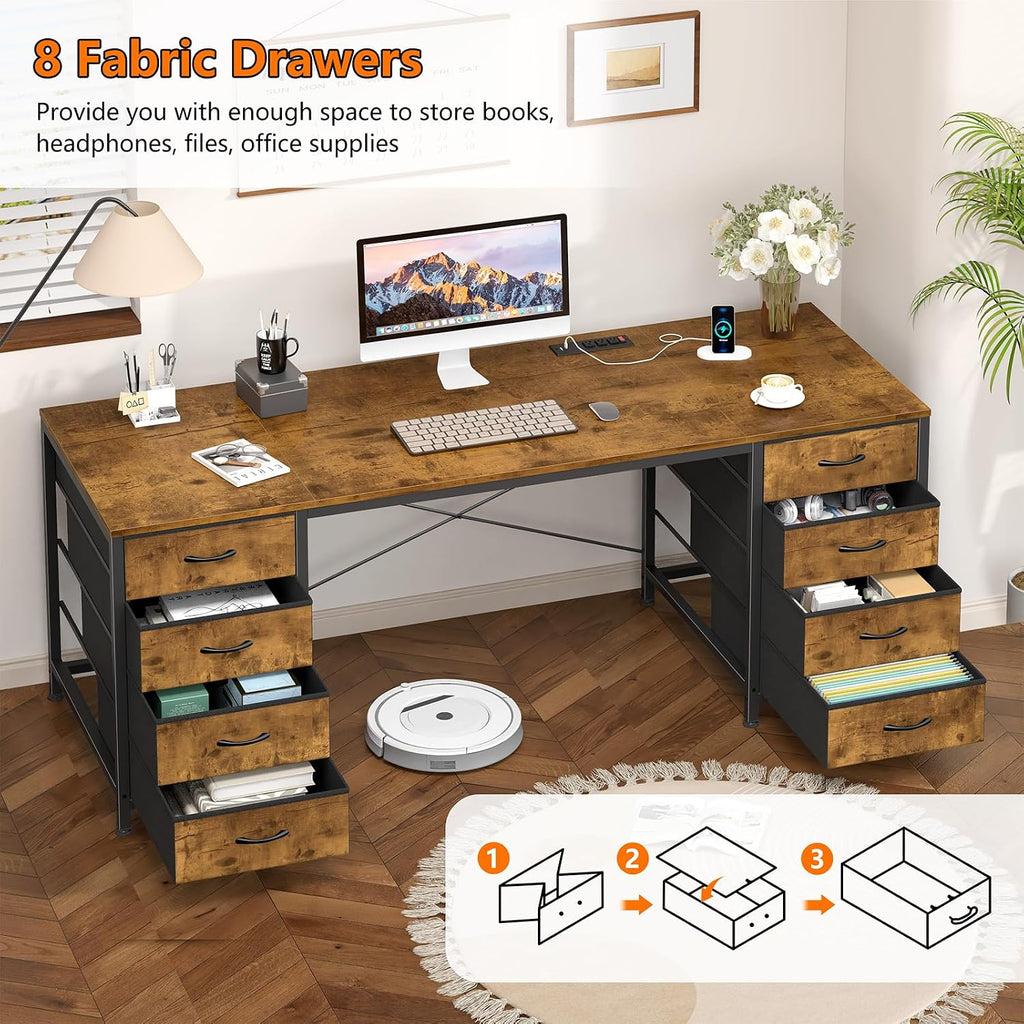 YOMILUVE 60 Inch Computer Desk with 8 Drawers, Home Office Desk with Power Outlets, Work Study Gaming Desk with 8 Fabric Drawers, Rustic Brown