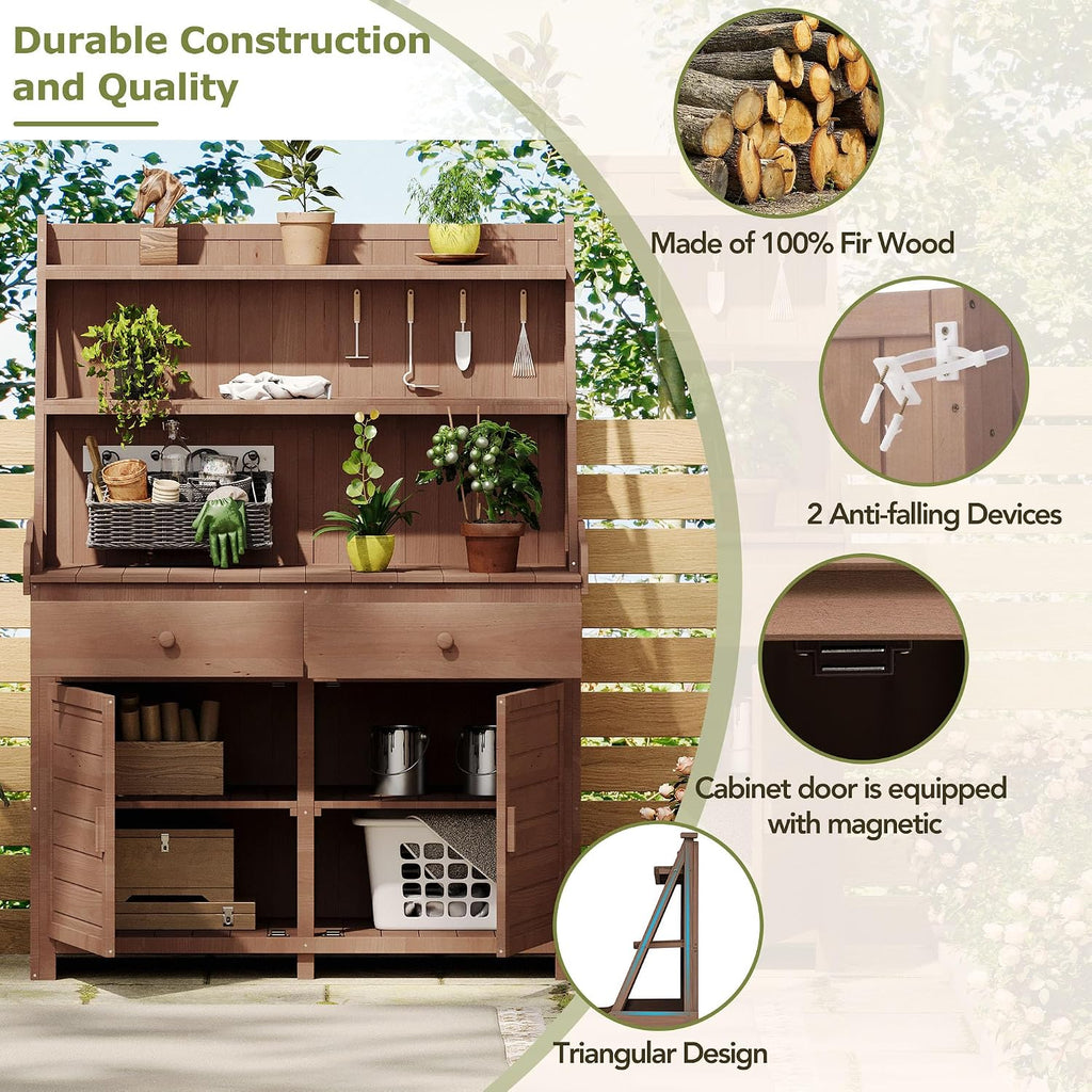 JIVOIT Modern 65inch Garden Potting Bench Table, Fir Wood Workstation with Three-Tier Storage Shelf, Two Drawer and Cabinet, Large Gardening Workstation for Outdoor Space (Brown * Fir Wood)