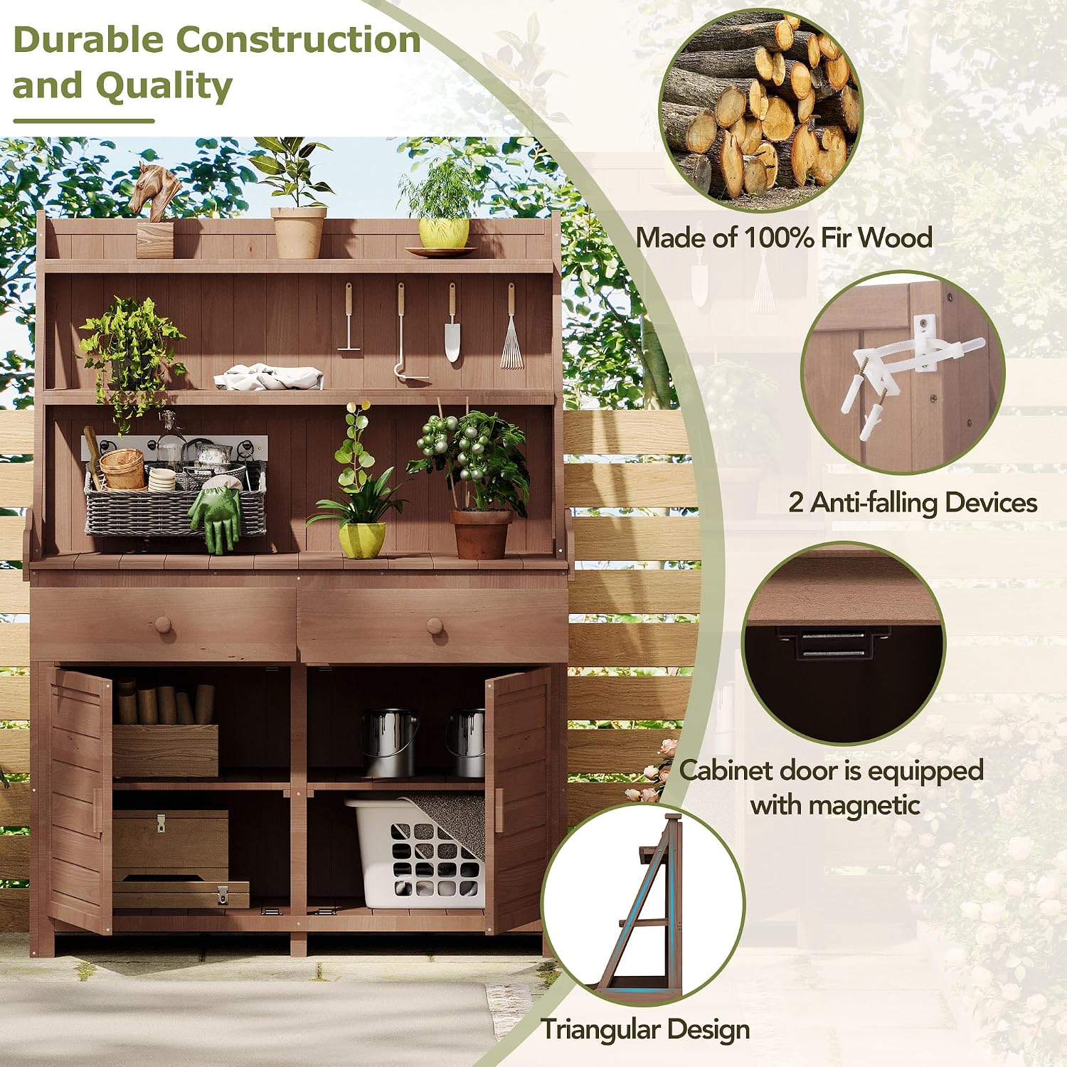 JIVOIT Modern 65inch Garden Potting Bench Table, Fir Wood Workstation with Three-Tier Storage Shelf, Two Drawer and Cabinet, Large Gardening Workstation for Outdoor Space (Brown * Fir Wood)