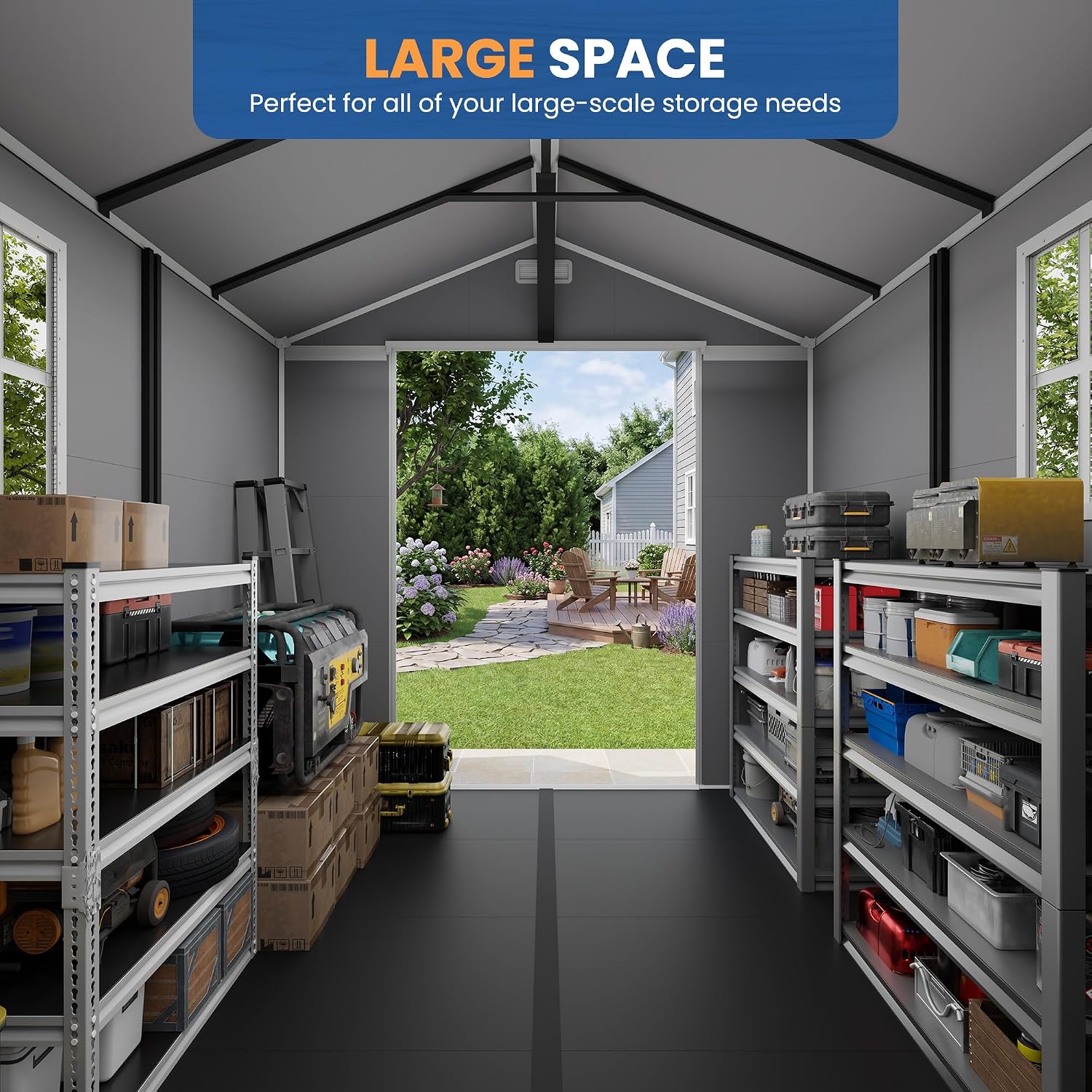 Amopatio 8x10 FT Outdoor Resin Shed,Storage Shed with Floor Included, Plastic Sheds Outdoor Storage for Bike, Garden Tools, Sheds & Outdoor Storage with Lockable Door, Window & Vents, Grey & White