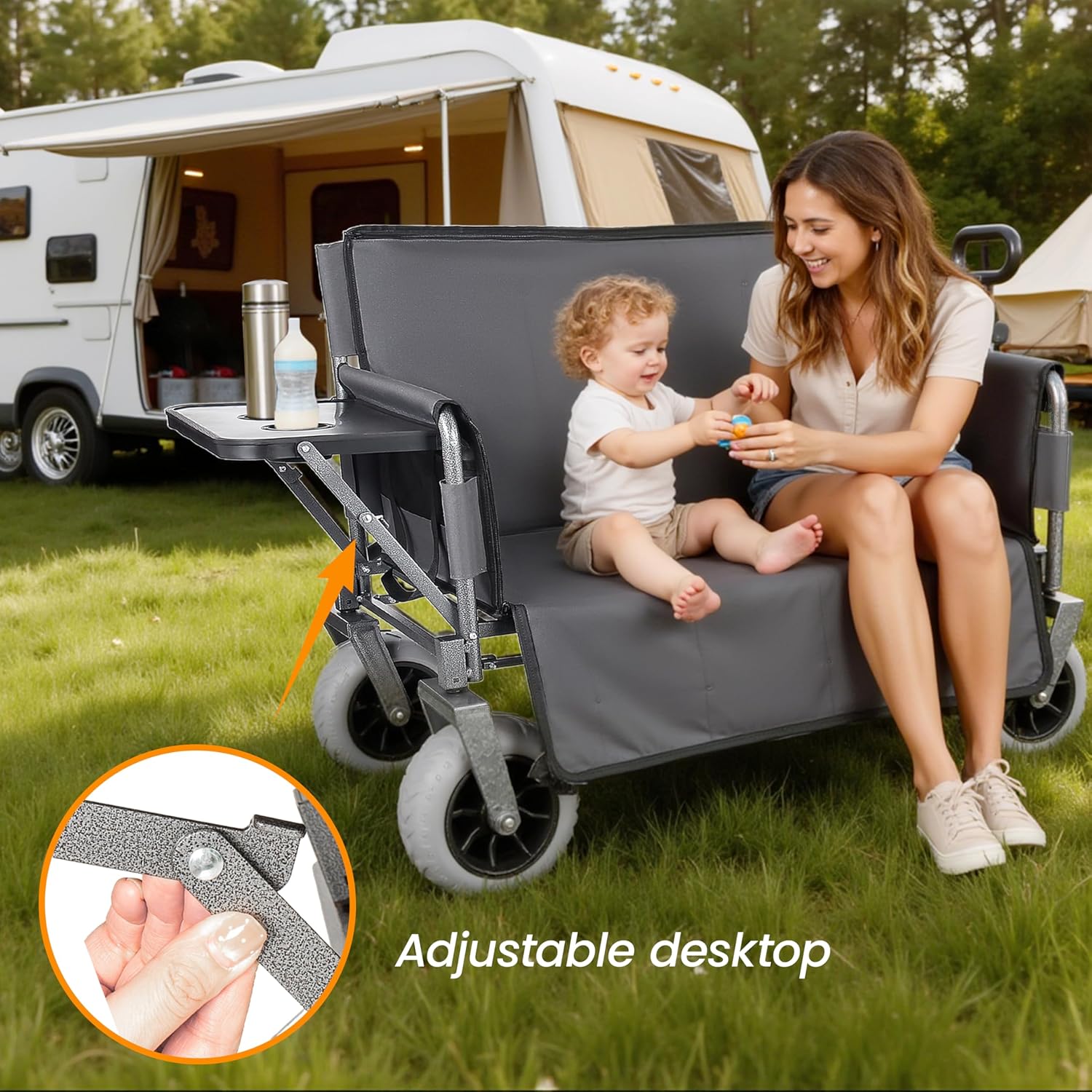 3-in-1 Folding Wagon with Bench Seat – 500lbs Capacity,Reinforced Carbon Steel Frame, 180L Cargo Space– Perfect for Camping, Beach, Outdoor Events & Heavy-Duty Hauling (Gray + Cup Holder)