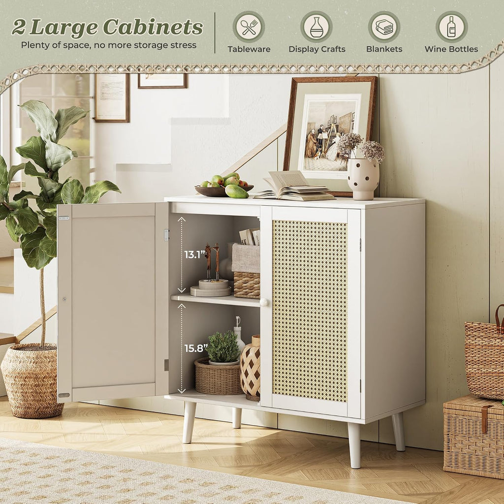 Huuger Buffet Cabinet with Storage, Storage Cabinet with PE Rattan Decor Doors, Solid Wood Feet, for Hallway, Entry, Living Room, White