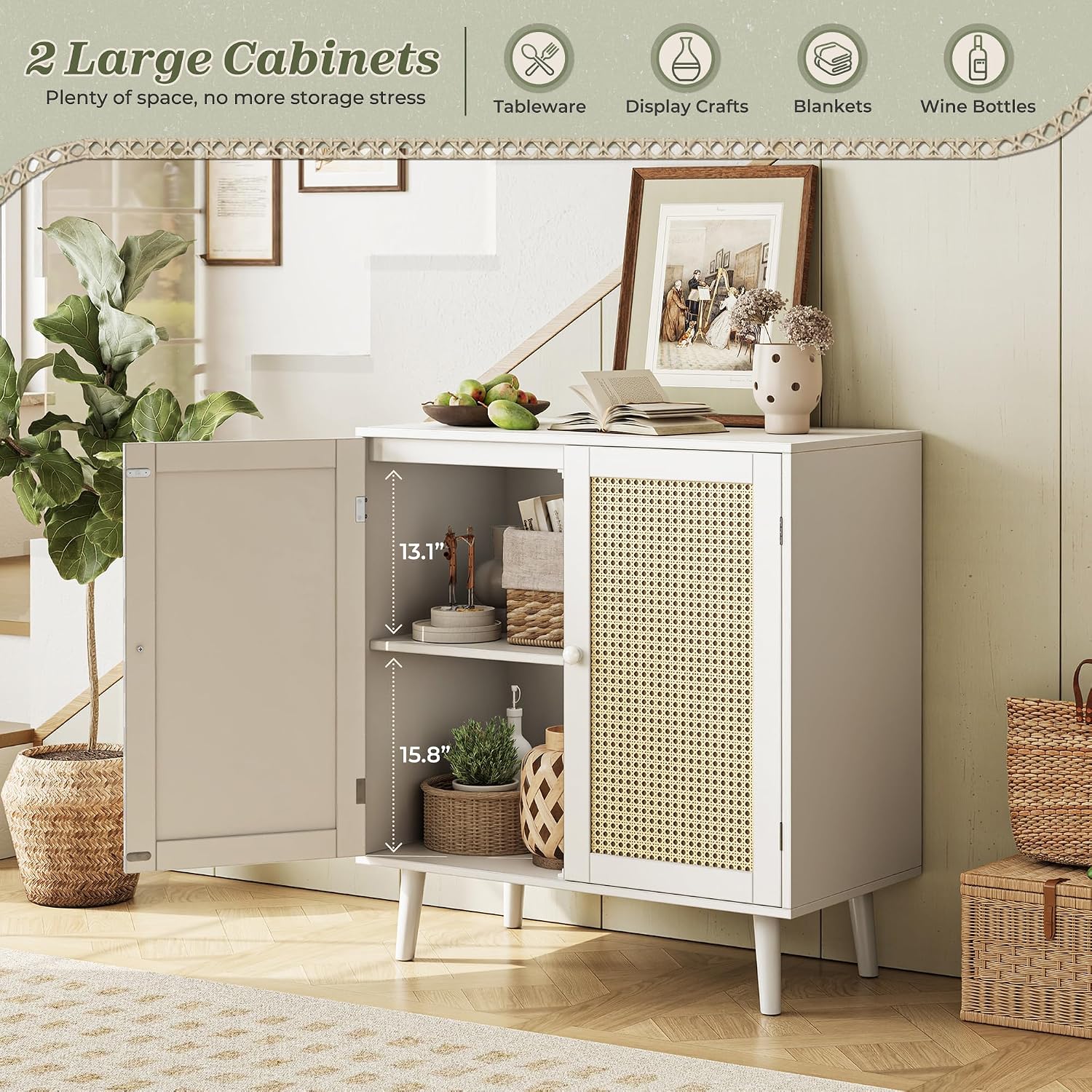 Huuger Buffet Cabinet with Storage, Storage Cabinet with PE Rattan Decor Doors, Solid Wood Feet, for Hallway, Entry, Living Room, White