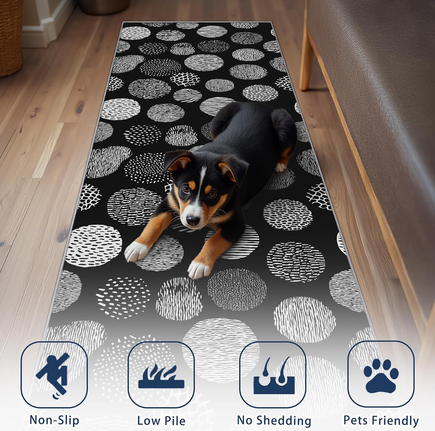 Polka Dot Runner Rug for Hallway - 3x12 Washable Rug Runner Non Slip - Geometric Modern Minimalist Kitchen Rugs - Black and White Dots Carpet Runners for Hallway, Laundry Room, Bedroom