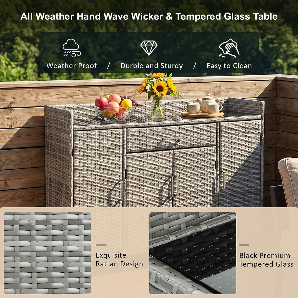 53.2' W Outdoor Weather-Proof Rattan Storage Cabinet with Tempered Glass Top, Outdoor Wicker Bar Table with One Large Drawer & Adjustable Shelves for Patio, Garden, Pool, Grey
