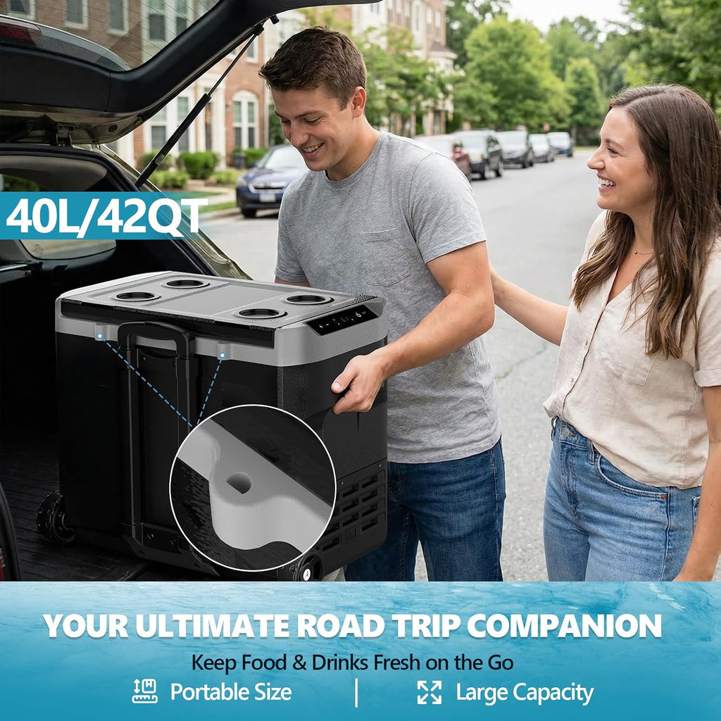 Kndko 12 Volt Car Refrigerator, 42 Quart Dual-Zone Portable Electric Cooler, Large Car Fridge with 12V/24V DC/100-240V AC Charger, -4℉~68℉, 12v Cooler with Wheels& Baskets for Road Trip, Camping