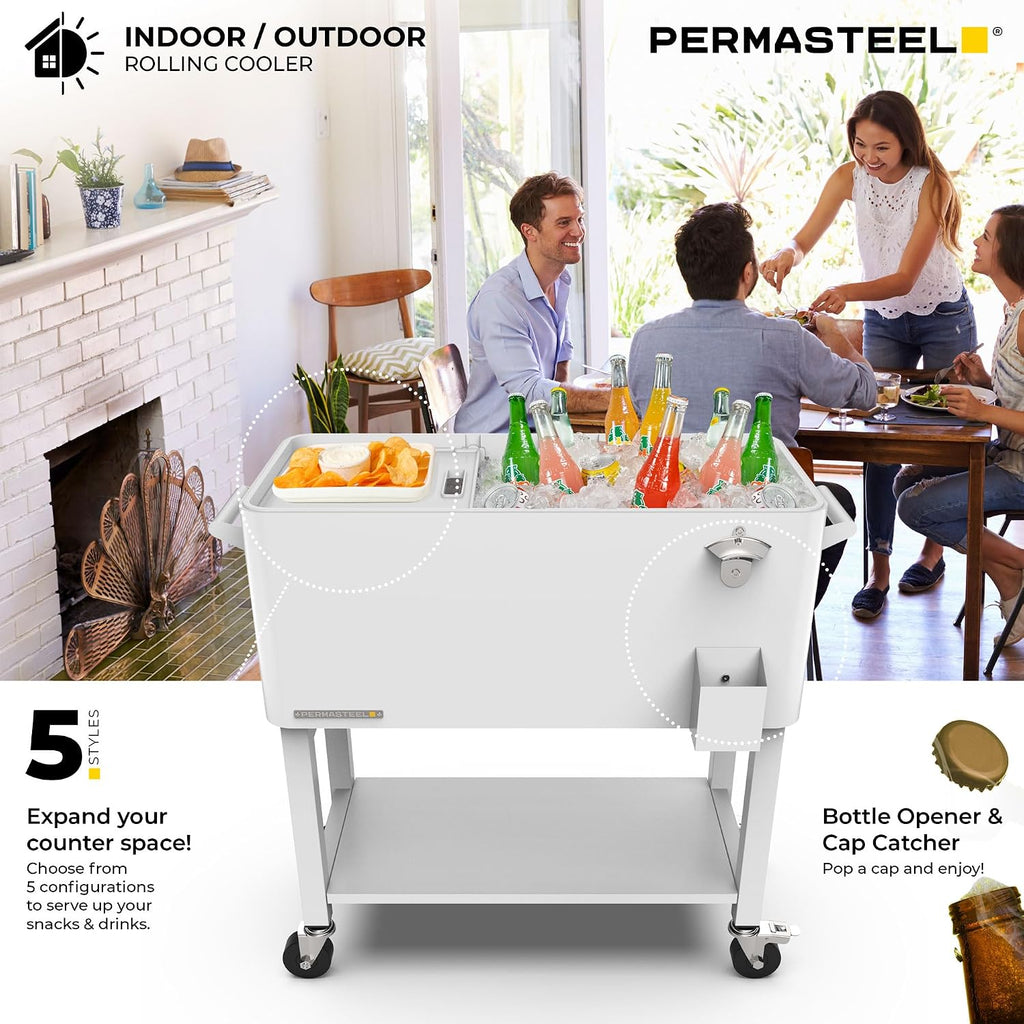 Permasteel Party Cooler with Divider, Removable Basin, Spacious 80-Qt Capacity, Chills 36hrs, Serving Tray, Rolling Ice Chest for Indoor & Outdoor
