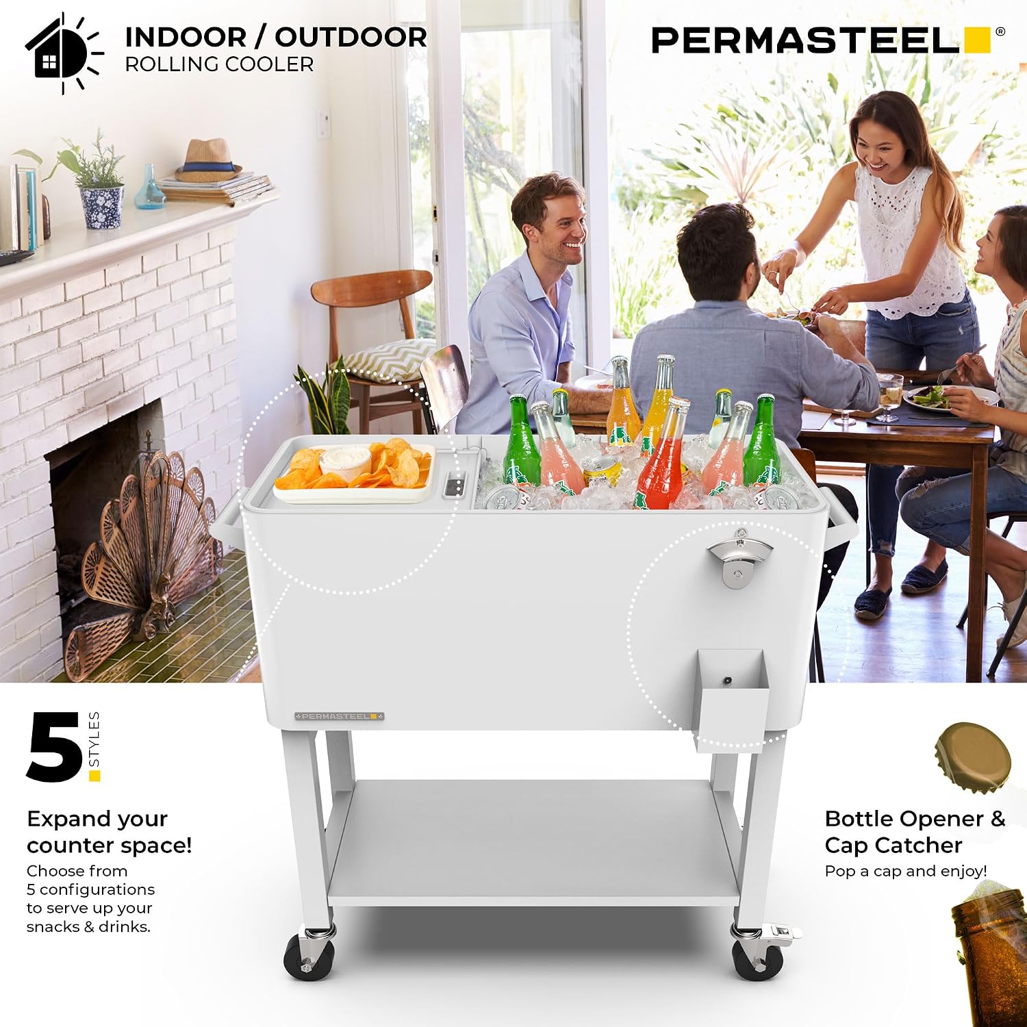 Permasteel Party Cooler with Divider, Removable Basin, Spacious 80-Qt Capacity, Chills 36hrs, Serving Tray, Rolling Ice Chest for Indoor & Outdoor